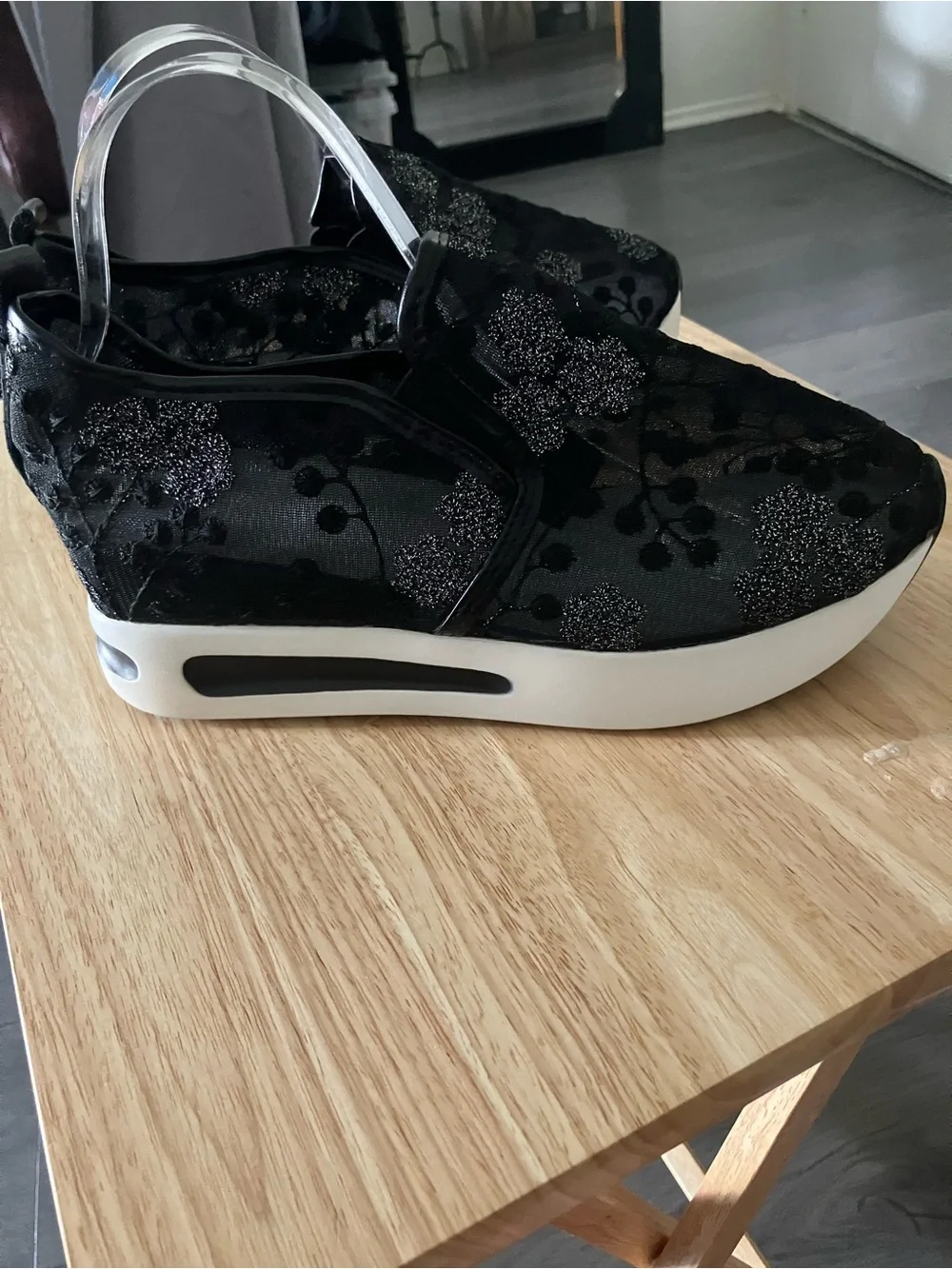 Black Lace Platform Slip-On Wedge Sneakers
